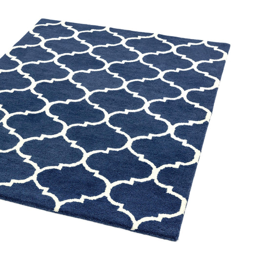 Albany Ogee Traditional Morroccan Trellis Design Hand Tufted Wool Blue Rug in Extra Large Size 200x290 cm (6'7''x9'6'')