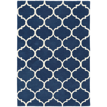 Albany Ogee Traditional Morroccan Trellis Design Hand Tufted Wool Blue Rug in Extra Large Size 200x290 cm (6'7''x9'6'')