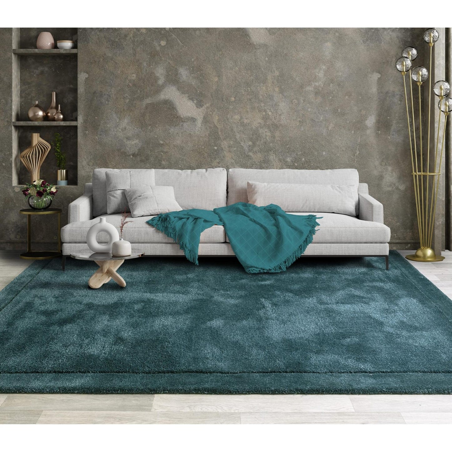 Rise Plain Hand Carved Silky Shiny Wool Viscose Rug in Teal Blue Large 160x230 cm (5'3"x7'7")