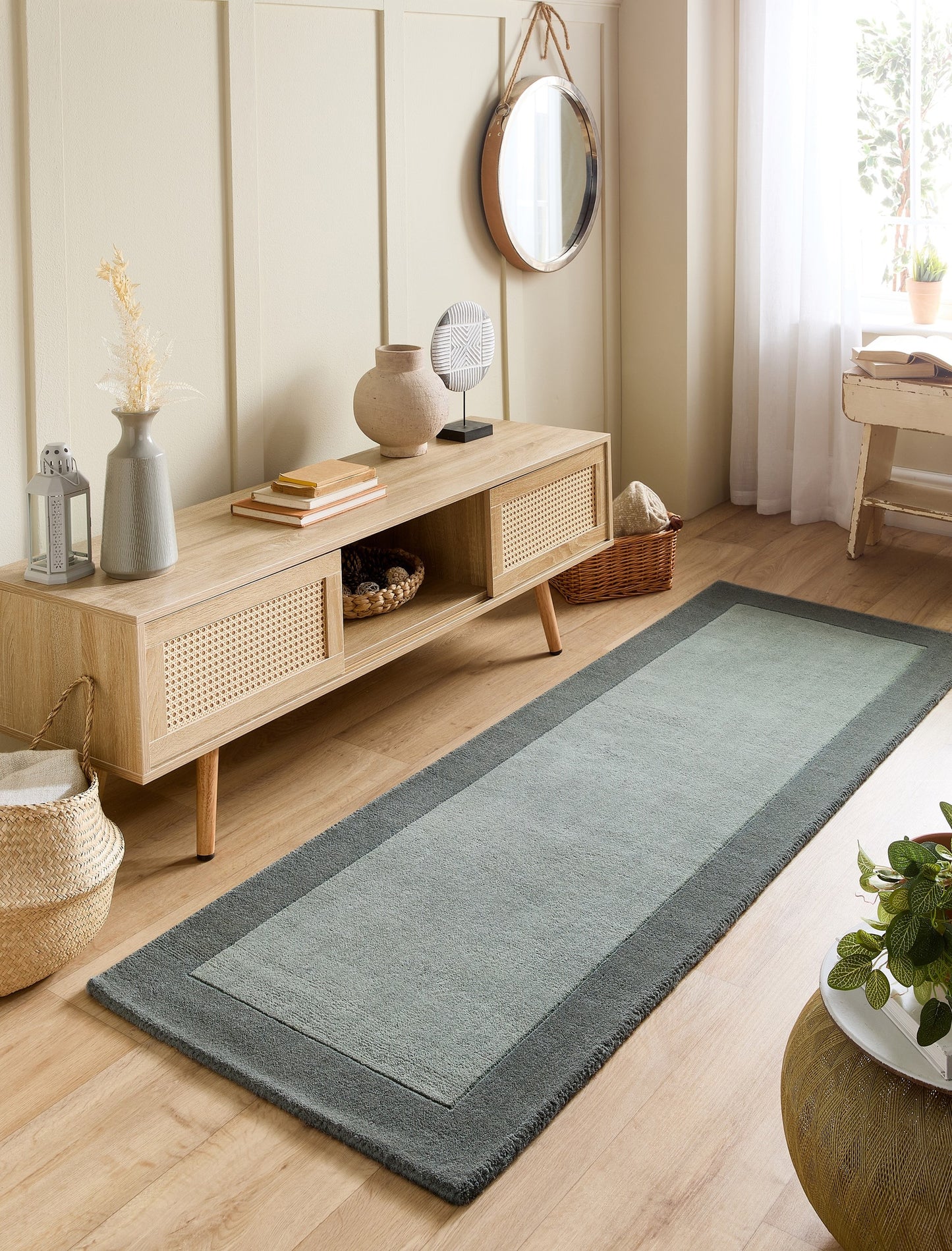 Origins Borders Hand Loom Woven Wool Bordered Rug Hallway in Sage Green