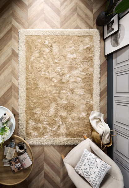Origins Shimmer Silky Shaggy Hand Tufted Carpet Border Modern Soft Fluffy Shag Rug in Champagne Beige