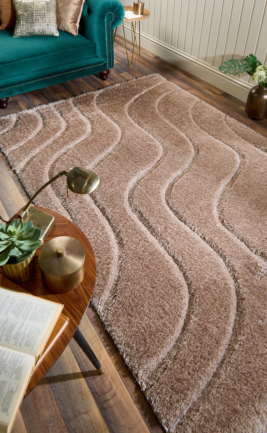 Origins Soft Carved Wave Silky Shine Shaggy Modern Rug in Beige
