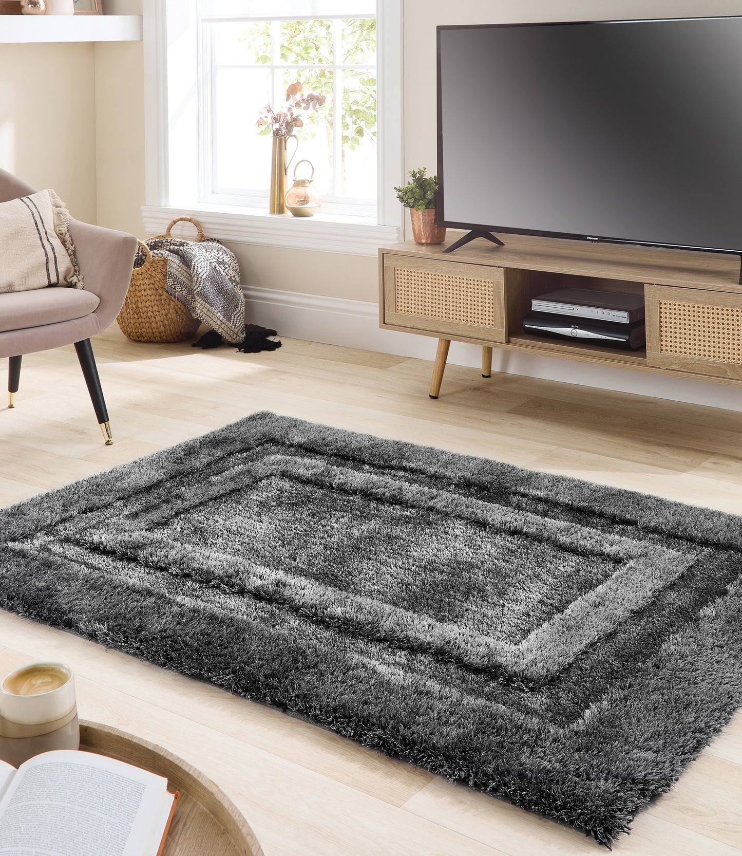Origins Frame Hand Tufted Soft Silky Thick Shaggy Rug in Charcoal Grey