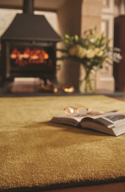 Rug Guru Hush Cumin Modern Plain Hand Woven Wool Viscose Soft Silky Shine Yellow Rug