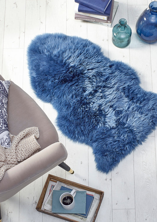 Genuine Sheepskin Animal Fur Soft Wool Shaggy Navy Blue Rug