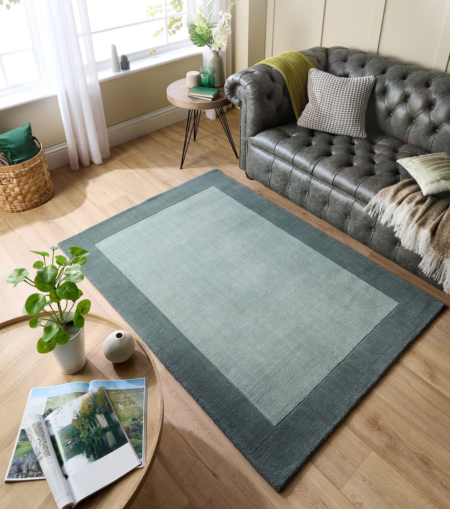 Origins Borders Hand Loom Woven Wool Bordered Rug Hallway in Sage Green