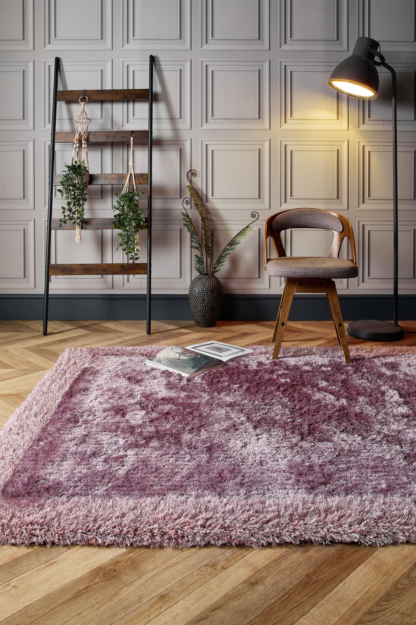 Origins Shimmer Silky Shaggy Hand Tufted Carpet Border Modern Soft Fluffy Shag Rug in Mauve