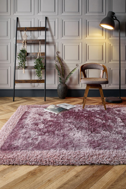 Origins Shimmer Silky Shaggy Hand Tufted Carpet Border Modern Soft Fluffy Shag Rug in Mauve