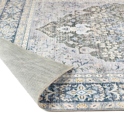 Origins Washable Oakham Traditional Medallion Soft Chenille Rug in Teal Grey Multi