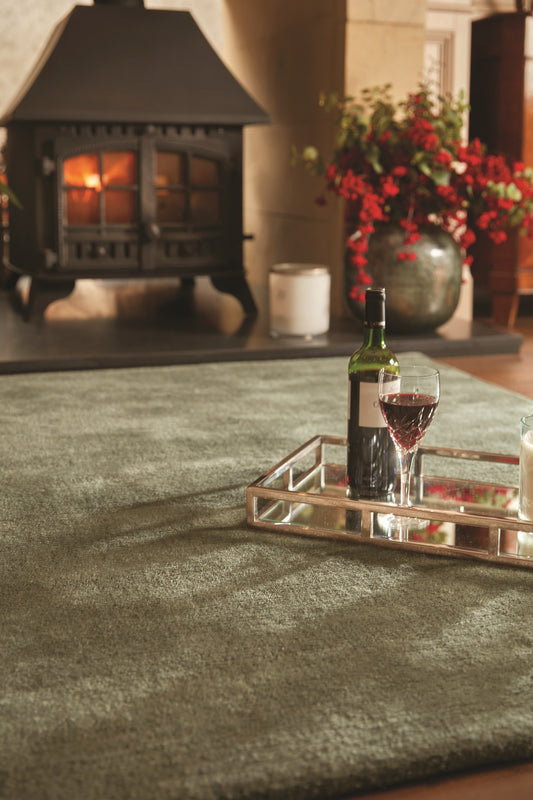 Rug Guru Hush Modern Plain Hand Woven Wool Viscose Soft Silky Shine Olive Green Rug